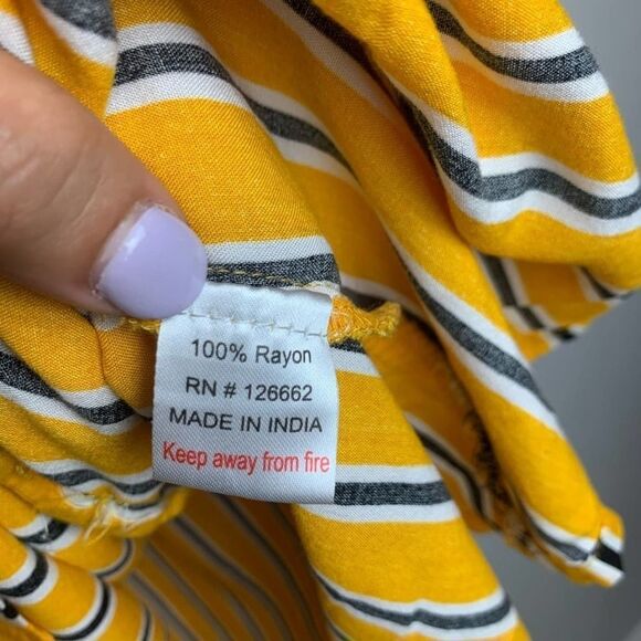 Backwoods Blouse Yellow Black white Button Down Striped Tie front long sleeve M - Picture 5 of 11